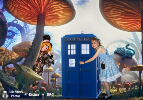 alice and the mad hatter find the tardis in wonderland